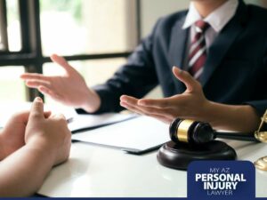 A lawyer gesturing while discussing with a client, possibly about a rear-end car crash case, with a gavel indicating a legal setting